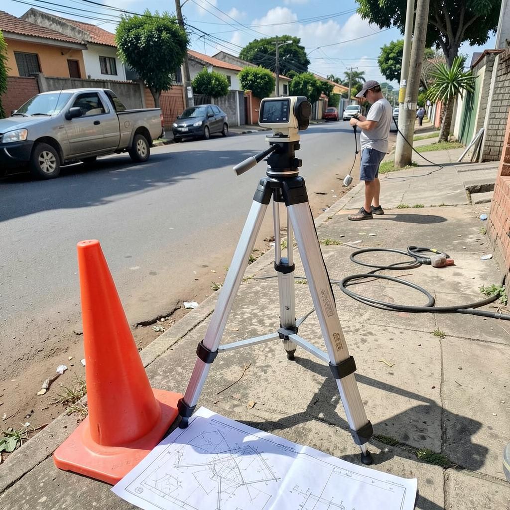 Estação total em levantamento planimétrico em rua residencial